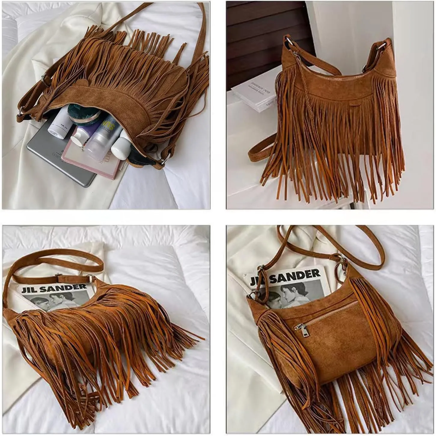 Women Fashion Fringe Purse Crossbody Bags Vegan Suede Hippie Tassel Hobo Shoulder Bag Vintage Handbags
