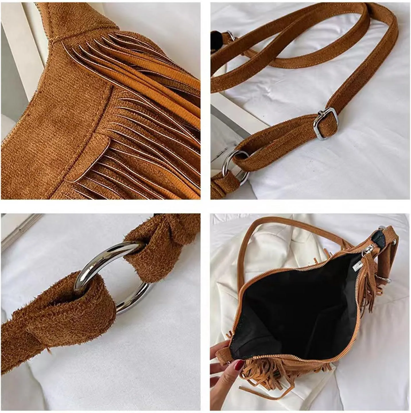 Women Fashion Fringe Purse Crossbody Bags Vegan Suede Hippie Tassel Hobo Shoulder Bag Vintage Handbags