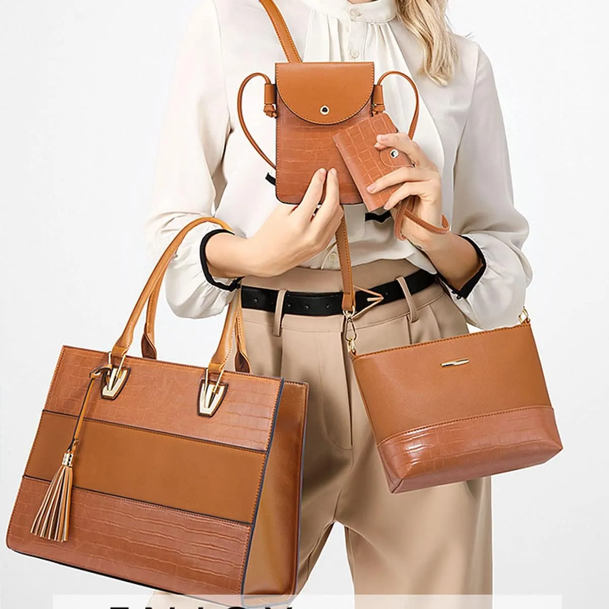 Women Fashion Handbags PU Leather Tote Bag Shoulder Bag Top Handle Satchel Purse Set 4pcs(Black)