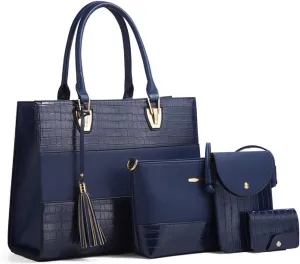 Women Fashion Handbags PU Leather Tote Bag Shoulder Bag Top Handle Satchel Purse Set 4pcs(Black)