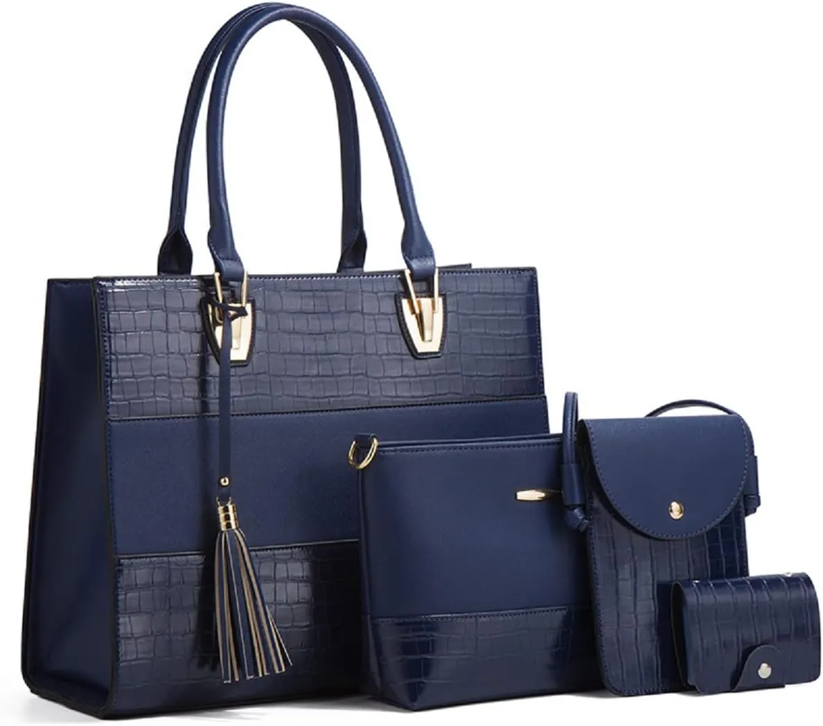 Women Fashion Handbags PU Leather Tote Bag Shoulder Bag Top Handle Satchel Purse Set 4pcs(Black)