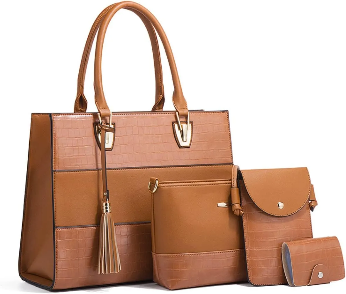 Women Fashion Handbags PU Leather Tote Bag Shoulder Bag Top Handle Satchel Purse Set 4pcs(Black)