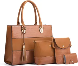 Women Fashion Handbags PU Leather Tote Bag Shoulder Bag Top Handle Satchel Purse Set 4pcs(Black)