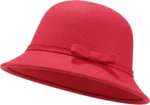 Women Felt Hat, Bucket Hat, Adjustable Vintage Bowler Suede Wool Hat with Bowknot