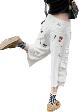 Women Graphic Cargo Baggy Jorts Y2K Cute Dog Cat Print Wide Leg Fringe Jean Shorts with 8 Pockets Summer Streetwear