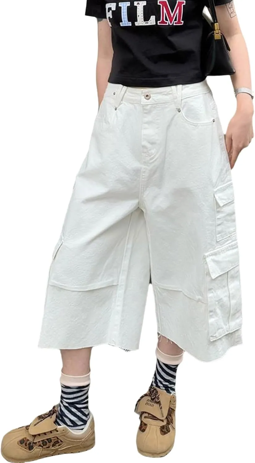 Women Graphic Cargo Baggy Jorts Y2K Cute Dog Cat Print Wide Leg Fringe Jean Shorts with 8 Pockets Summer Streetwear
