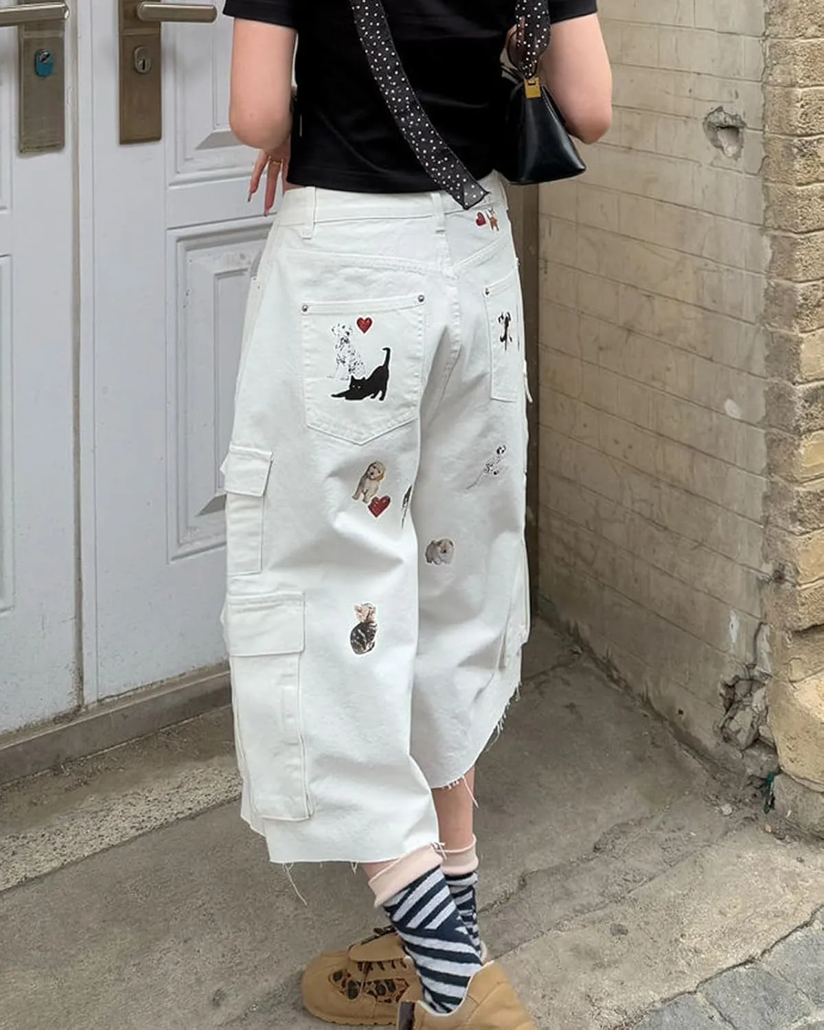 Women Graphic Cargo Baggy Jorts Y2K Cute Dog Cat Print Wide Leg Fringe Jean Shorts with 8 Pockets Summer Streetwear