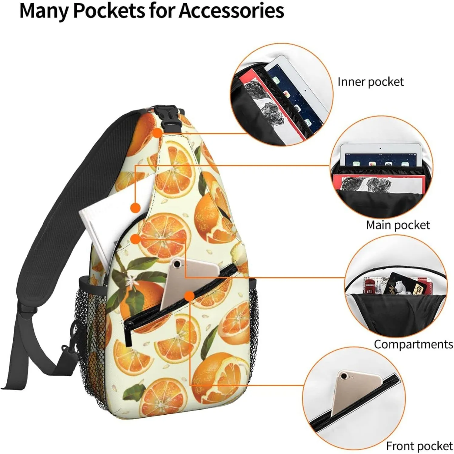 Women Juice Orange Bee Citrus Crossbody Sling Backpack for Men Chest Bag Shoulder Bag Lightweight One Strap Backpack Travel Outdoor Daypack