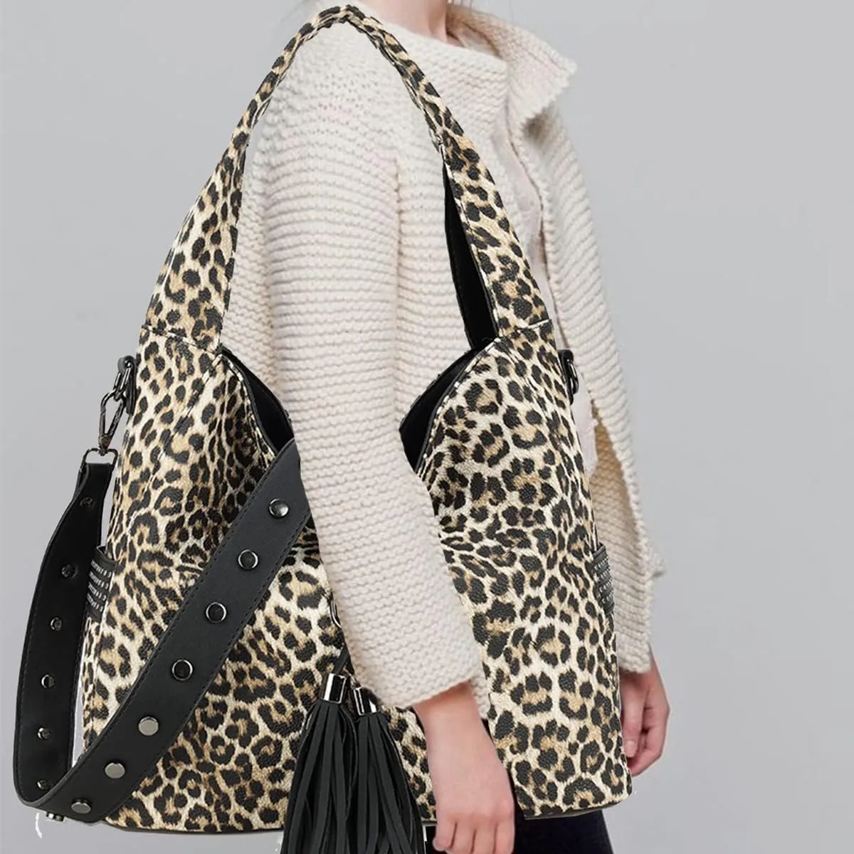 Women Leopard Print Handbag and Purse Tassels Tote Large Shoulder Bag Tote Satchel with Adjustable Shoulder Strap