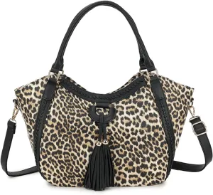 Women Leopard Print Handbag and Purse Tassels Tote Large Shoulder Bag Tote Satchel with Adjustable Shoulder Strap