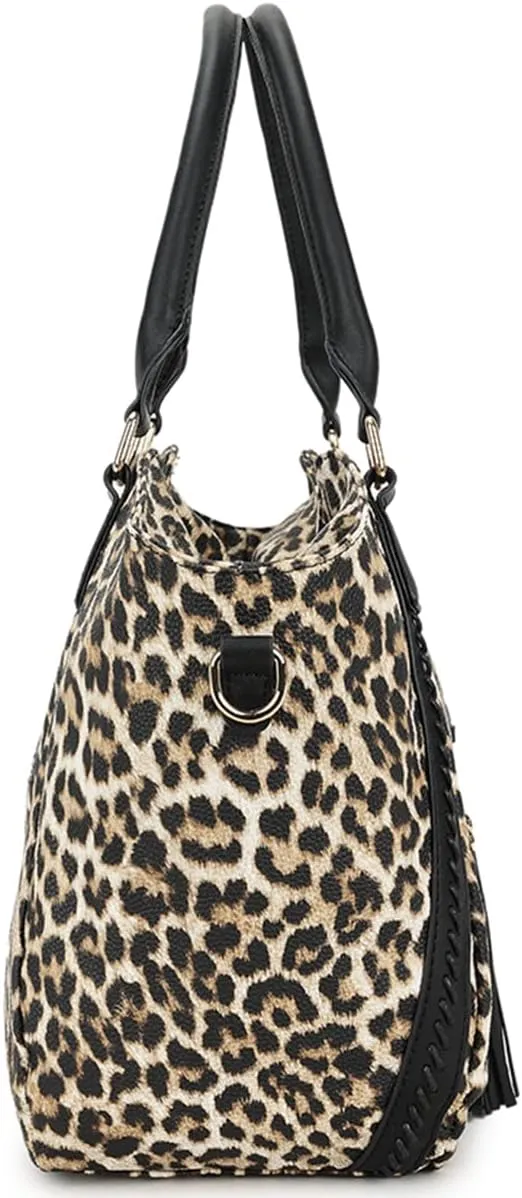 Women Leopard Print Handbag and Purse Tassels Tote Large Shoulder Bag Tote Satchel with Adjustable Shoulder Strap