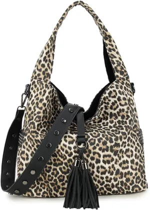 Women Leopard Print Handbag and Purse Tassels Tote Large Shoulder Bag Tote Satchel with Adjustable Shoulder Strap