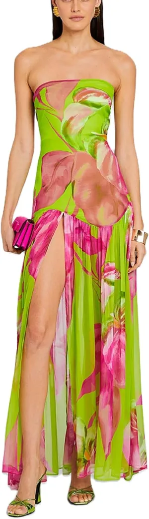 Women Leopard Print Tube Dress Slim Strapless Backless Mesh High Slit Long Dress Tiger Party Club Night Dress