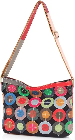 Women Multi-coloured Circles Spliced Shoulder Handbag Leather Random Colourful Matching Crossbody Purse Retro Satchel