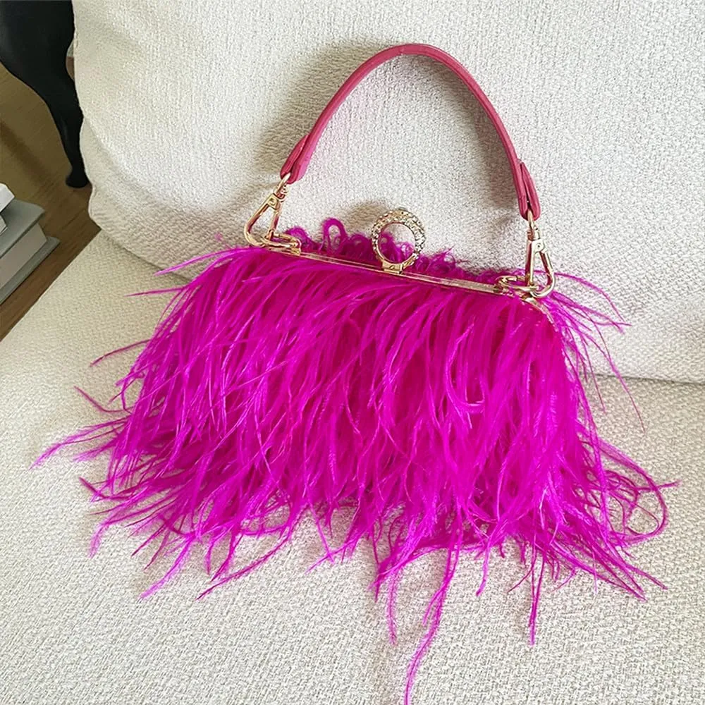 Women Ostrich Feather Purse Ostrich Tote Bag Fluffy Feather Purse Fringe Clutch Evening Handbag for Party Prom Rose Red