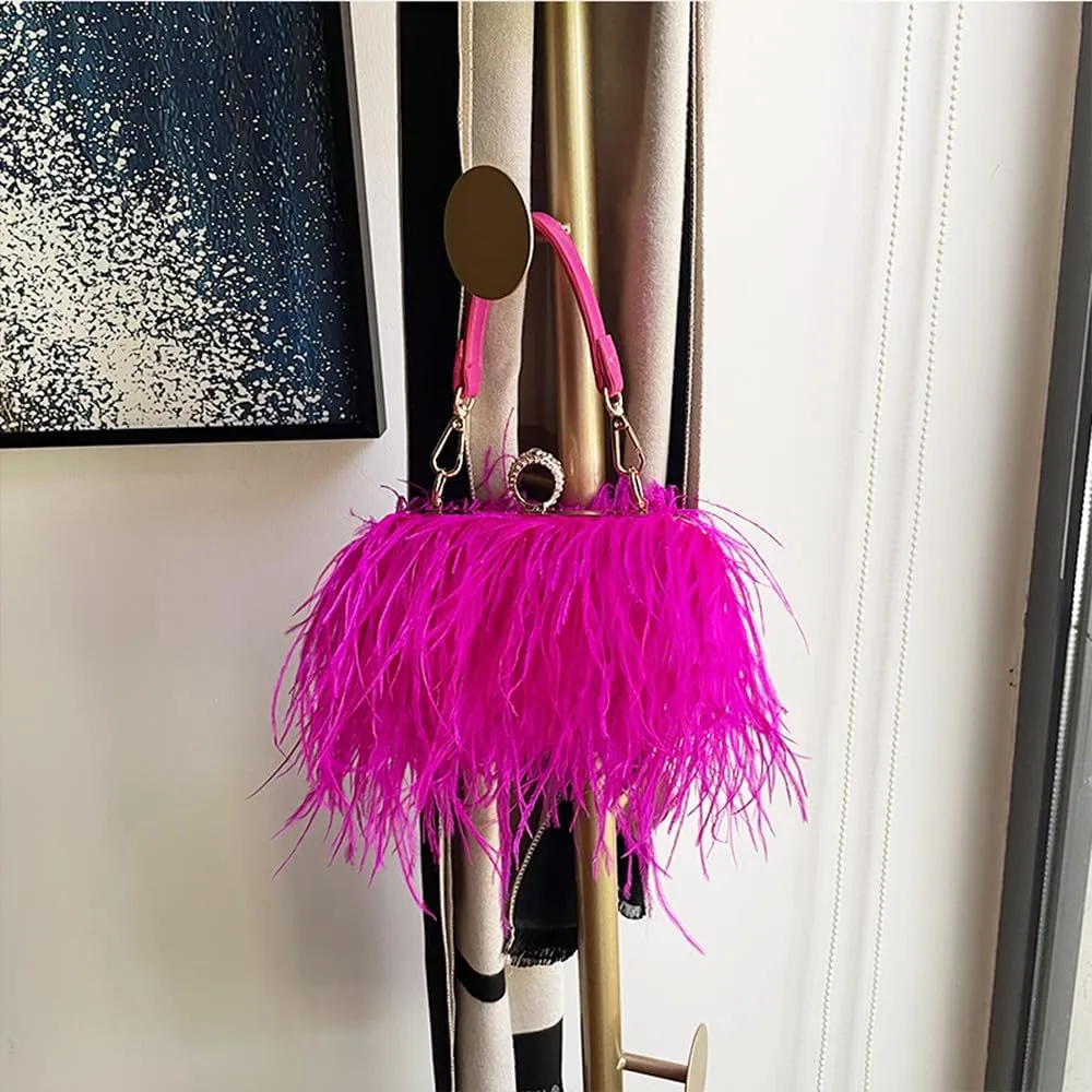 Women Ostrich Feather Purse Ostrich Tote Bag Fluffy Feather Purse Fringe Clutch Evening Handbag for Party Prom Rose Red