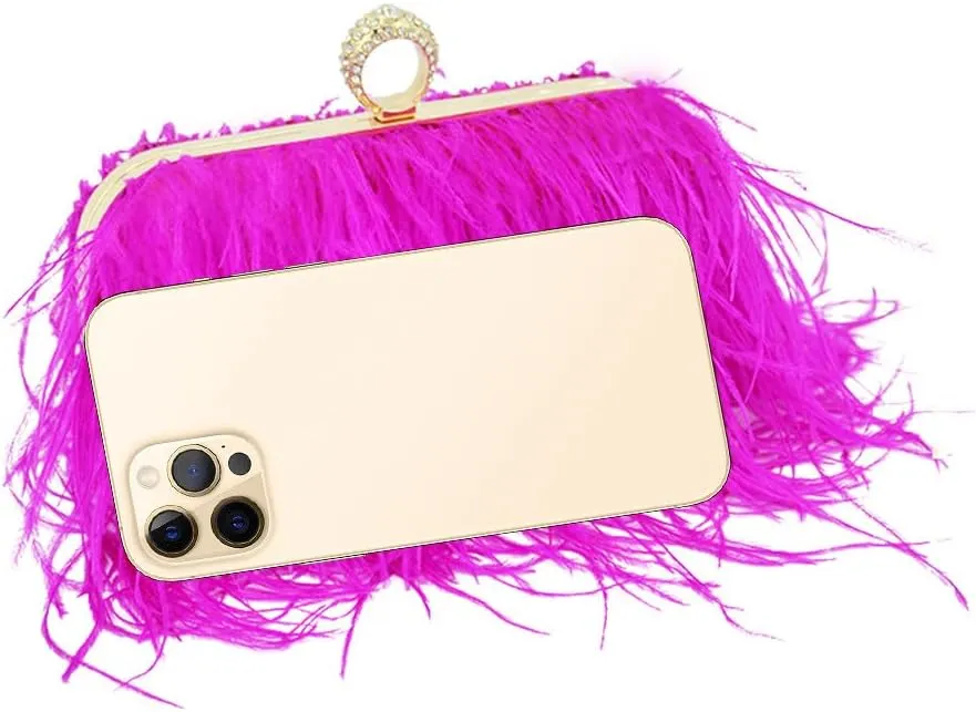 Women Ostrich Feather Purse Ostrich Tote Bag Fluffy Feather Purse Fringe Clutch Evening Handbag for Party Prom Rose Red