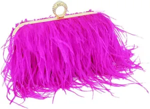 Women Ostrich Feather Purse Ostrich Tote Bag Fluffy Feather Purse Fringe Clutch Evening Handbag for Party Prom Rose Red