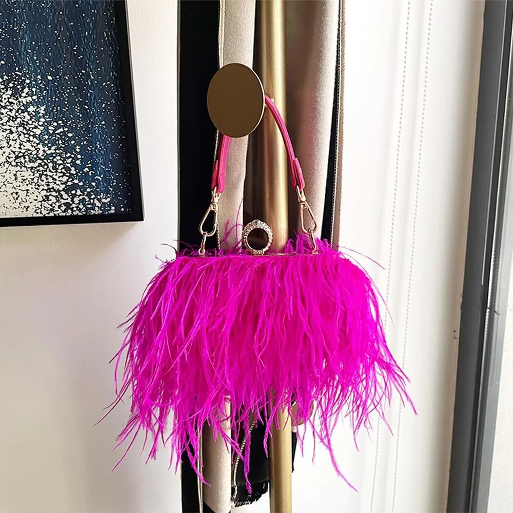 Women Ostrich Feather Purse Ostrich Tote Bag Fluffy Feather Purse Fringe Clutch Evening Handbag for Party Prom Rose Red