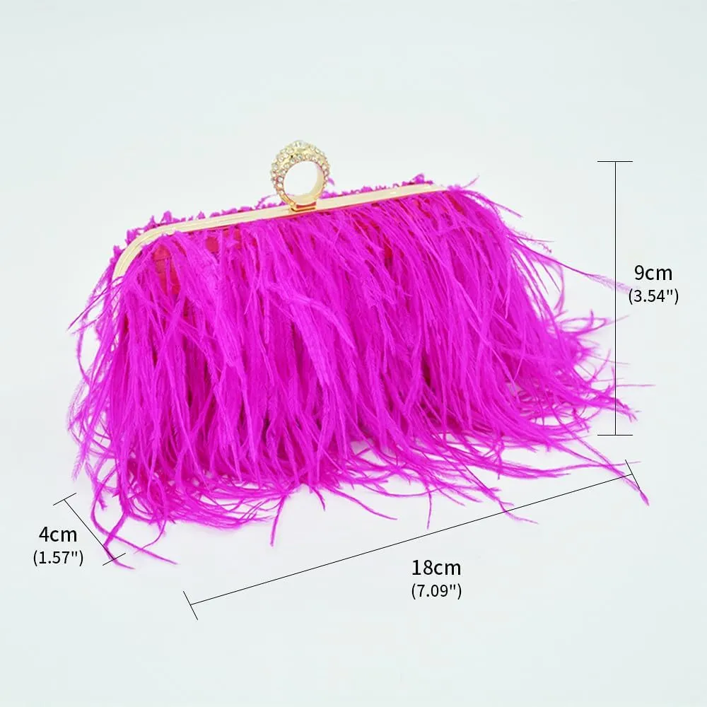 Women Ostrich Feather Purse Ostrich Tote Bag Fluffy Feather Purse Fringe Clutch Evening Handbag for Party Prom Rose Red