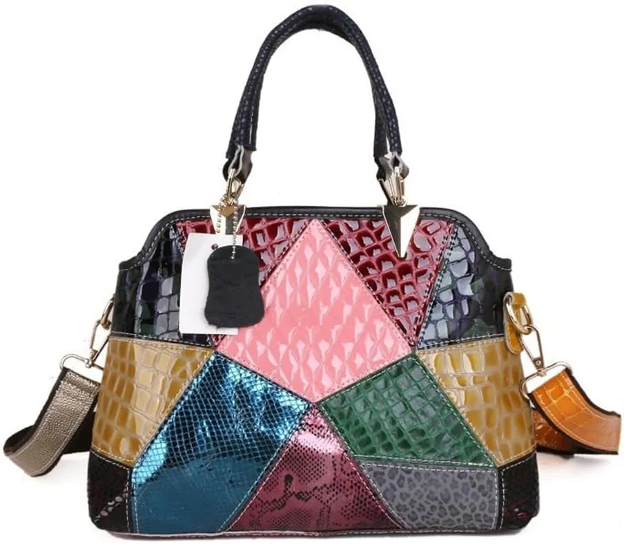 Women Patent Leather Colorful Top-handle Purse Shiny Crocodile Print Handbag Multicolour Patchwork Shoulder Satchel