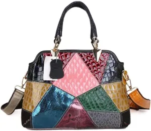 Women Patent Leather Colorful Top-handle Purse Shiny Crocodile Print Handbag Multicolour Patchwork Shoulder Satchel