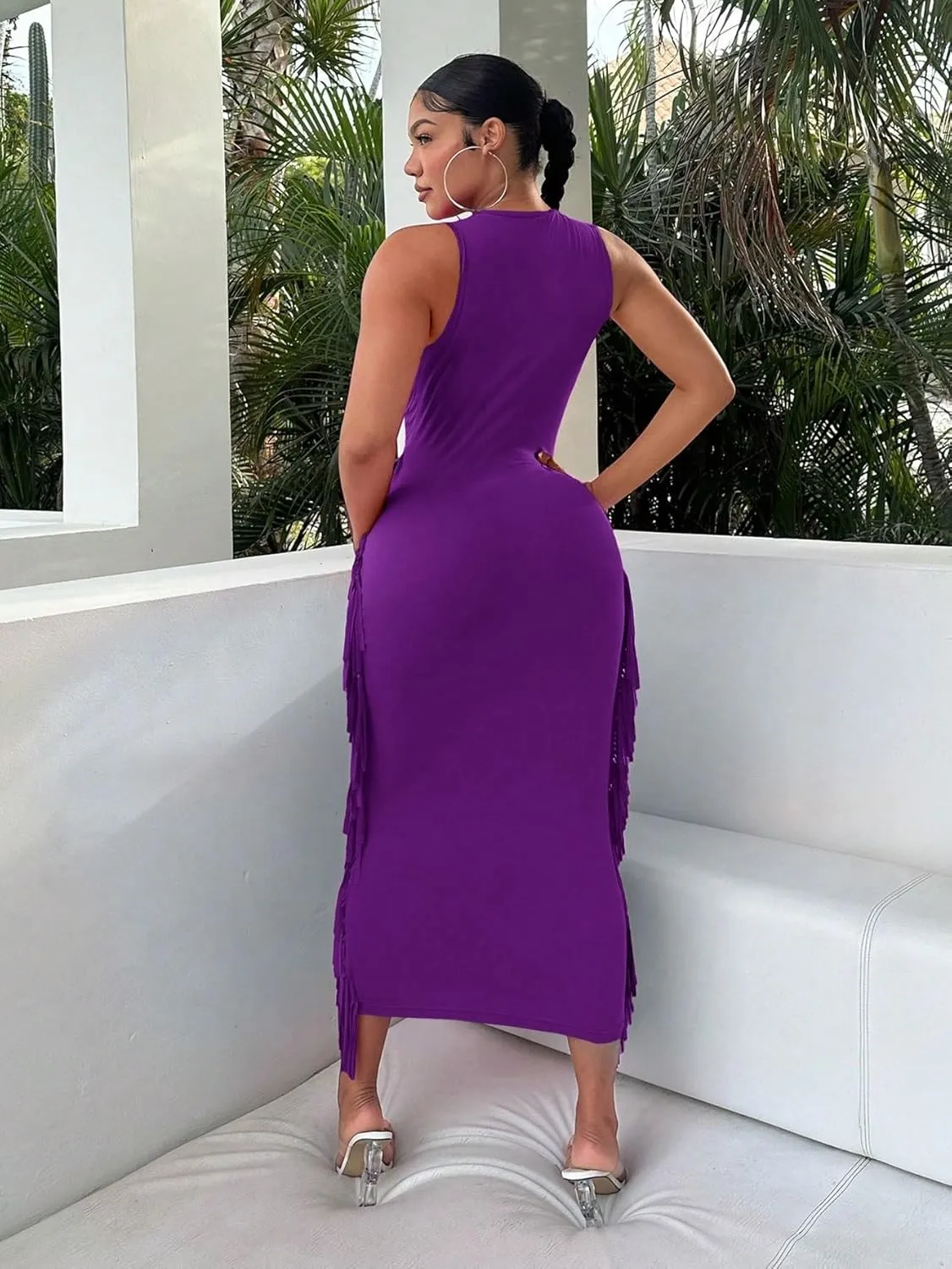 Women Sexy Summer Sexy Plain Mid Waist Side High Stretch Knit Beach Boho Dress