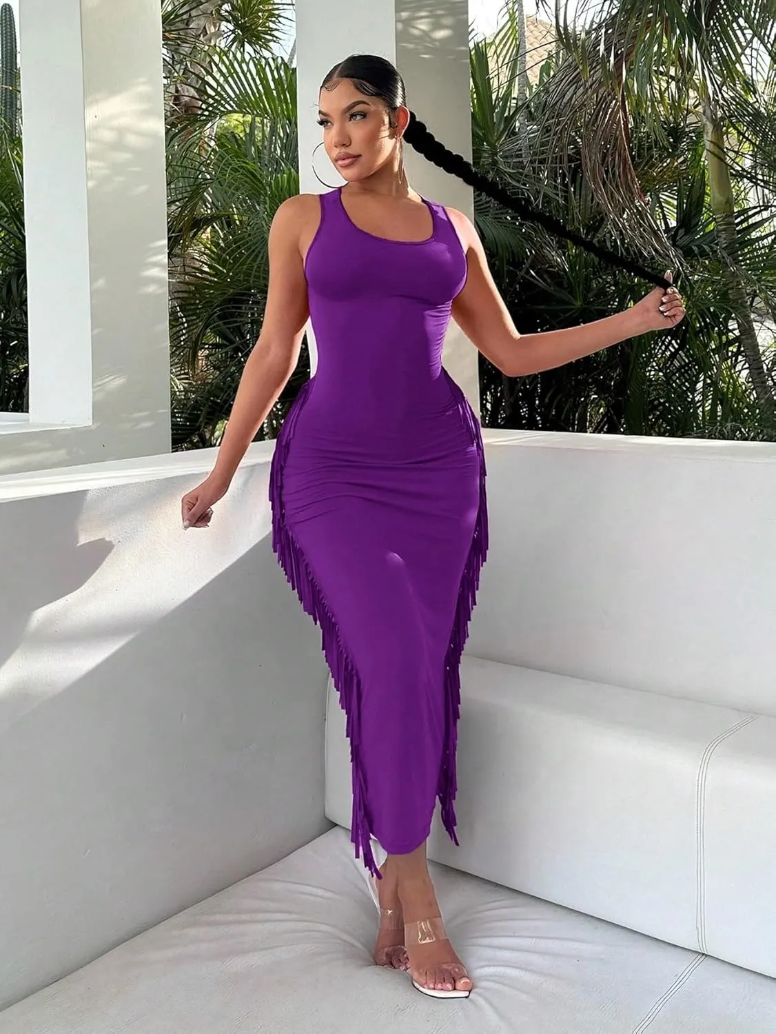 Women Sexy Summer Sexy Plain Mid Waist Side High Stretch Knit Beach Boho Dress