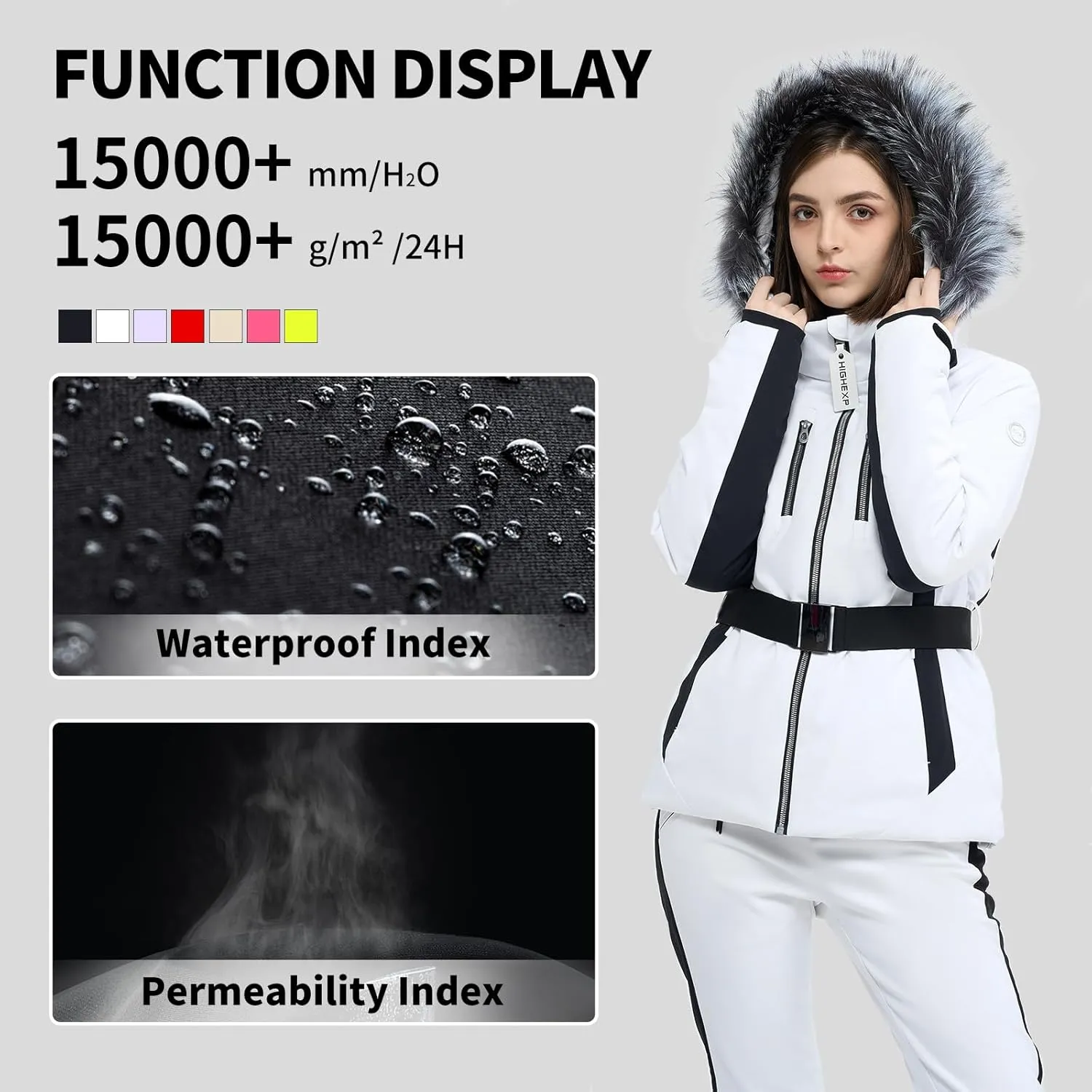 Women Ski Jacket Snowboard Fitted Slim Fit Short Snow Coat Belted Mountain Waterproof Insulated Warm Winter