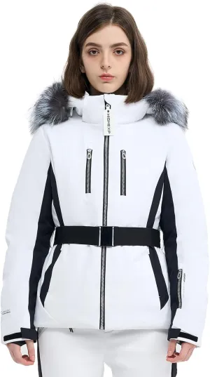 Women Ski Jacket Snowboard Fitted Slim Fit Short Snow Coat Belted Mountain Waterproof Insulated Warm Winter