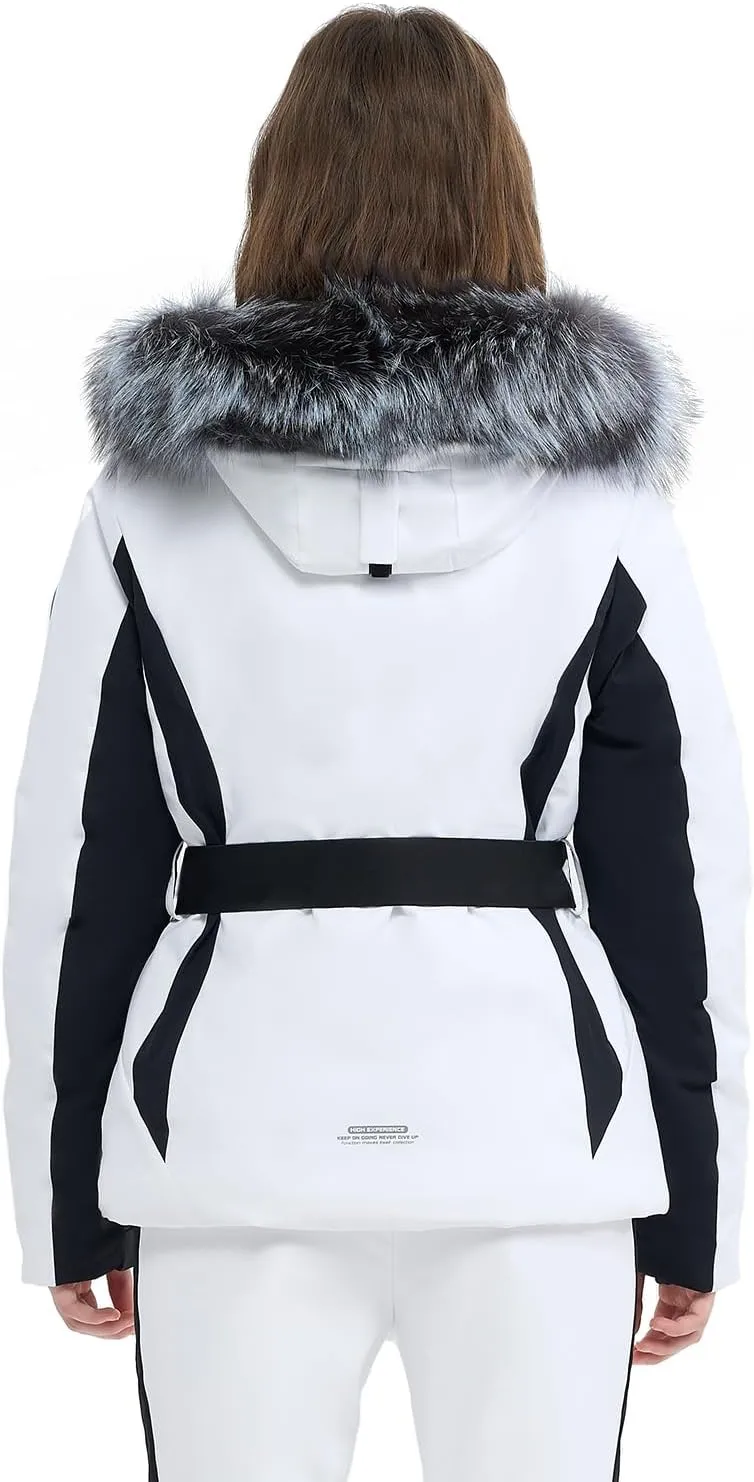 Women Ski Jacket Snowboard Fitted Slim Fit Short Snow Coat Belted Mountain Waterproof Insulated Warm Winter