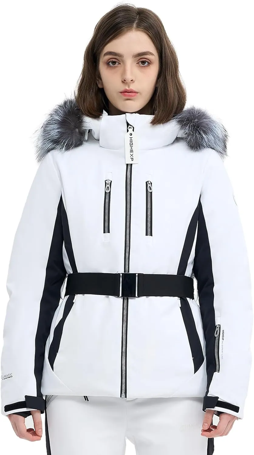 Women Ski Jacket Snowboard Fitted Slim Fit Short Snow Coat Belted Mountain Waterproof Insulated Warm Winter