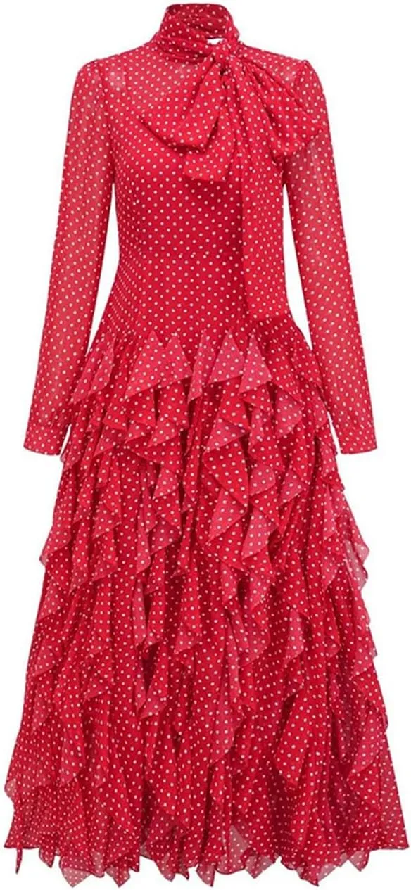 Women Stand Neck Long Dress Long Sleeve Polka Dot Tierred Office Lady Ball Gown Dresses