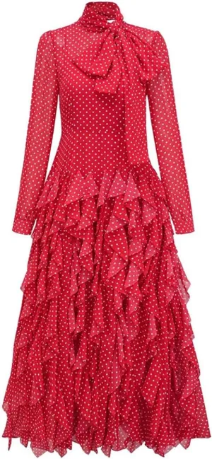 Women Stand Neck Long Dress Long Sleeve Polka Dot Tierred Office Lady Ball Gown Dresses