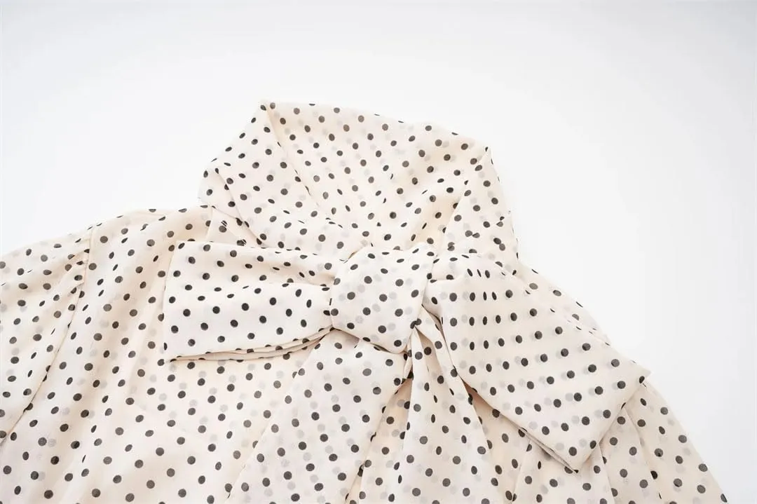 Women Stand Neck Long Dress Long Sleeve Polka Dot Tierred Office Lady Ball Gown Dresses