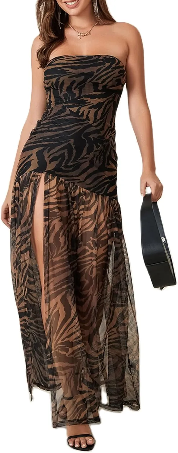 Women Strapless Tube Top Dress Summer Backless Leopard Print High Slit Long Dress Party Club Night Out Dress