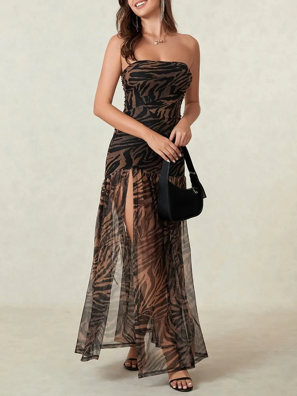 Women Strapless Tube Top Dress Summer Backless Leopard Print High Slit Long Dress Party Club Night Out Dress