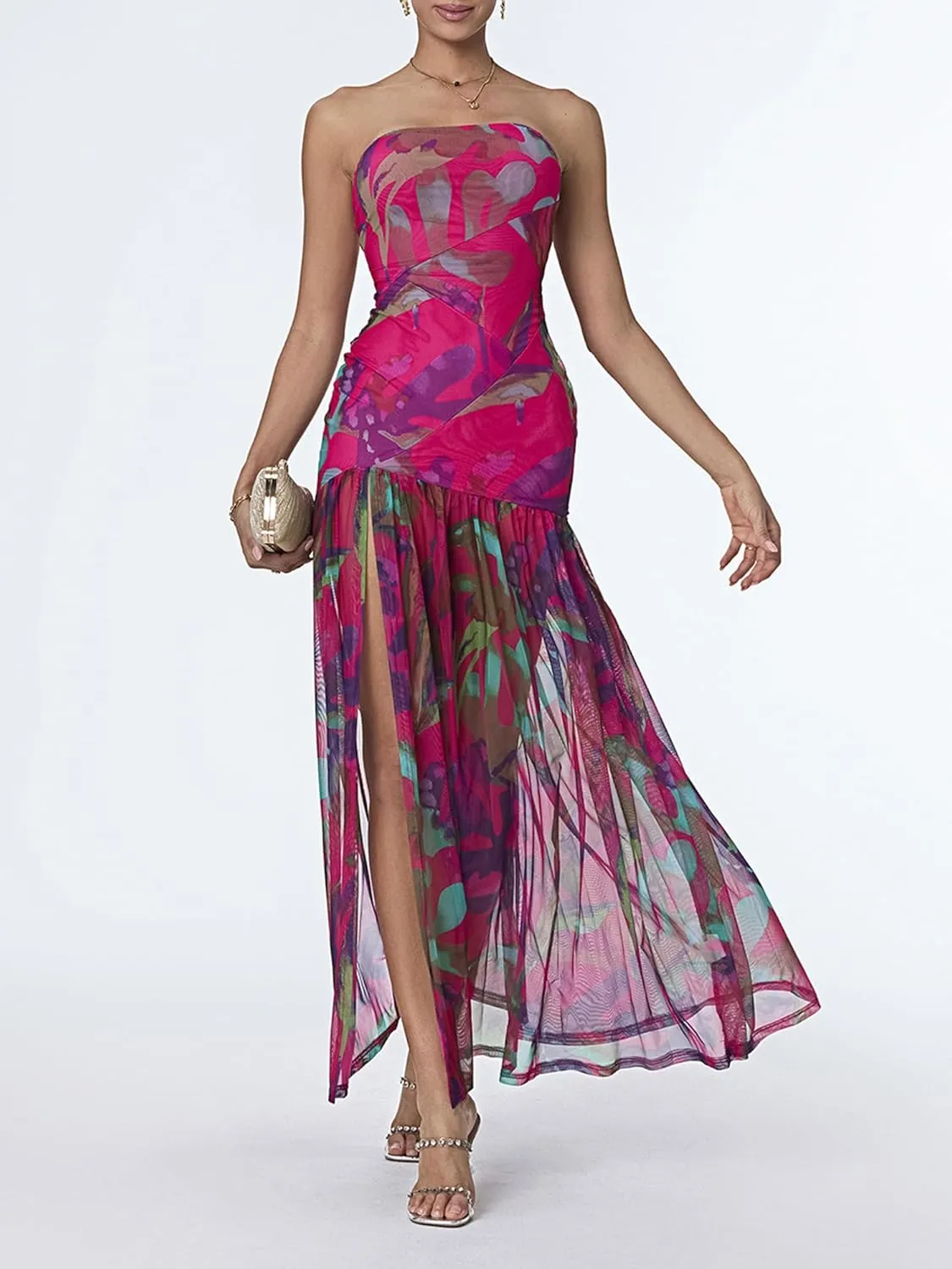 Women Strapless Tube Top Dress Summer Backless Leopard Print High Slit Long Dress Party Club Night Out Dress