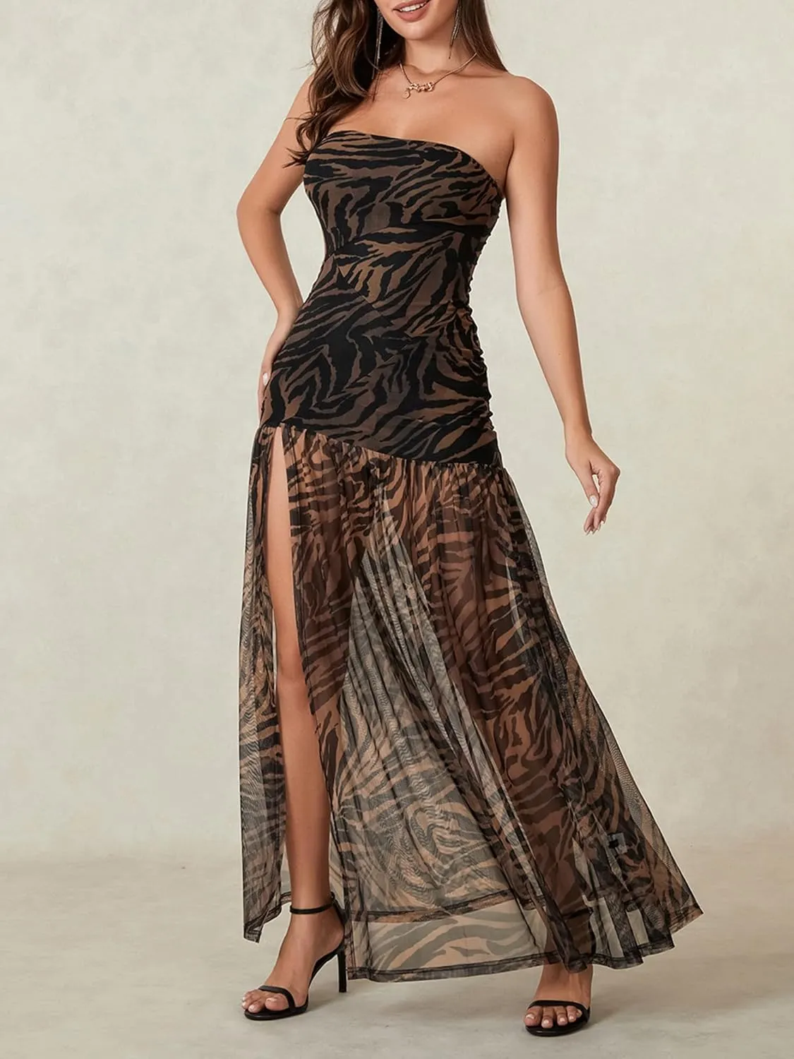 Women Strapless Tube Top Dress Summer Backless Leopard Print High Slit Long Dress Party Club Night Out Dress
