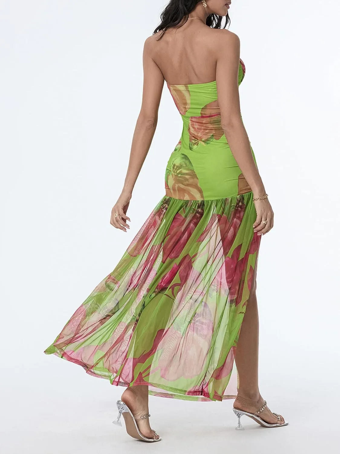 Women Strapless Tube Top Dress Summer Backless Leopard Print High Slit Long Dress Party Club Night Out Dress