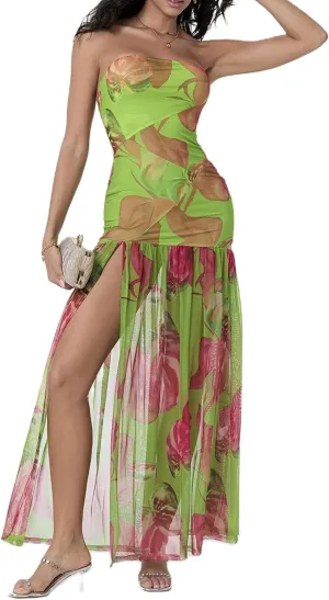 Women Strapless Tube Top Dress Summer Backless Leopard Print High Slit Long Dress Party Club Night Out Dress