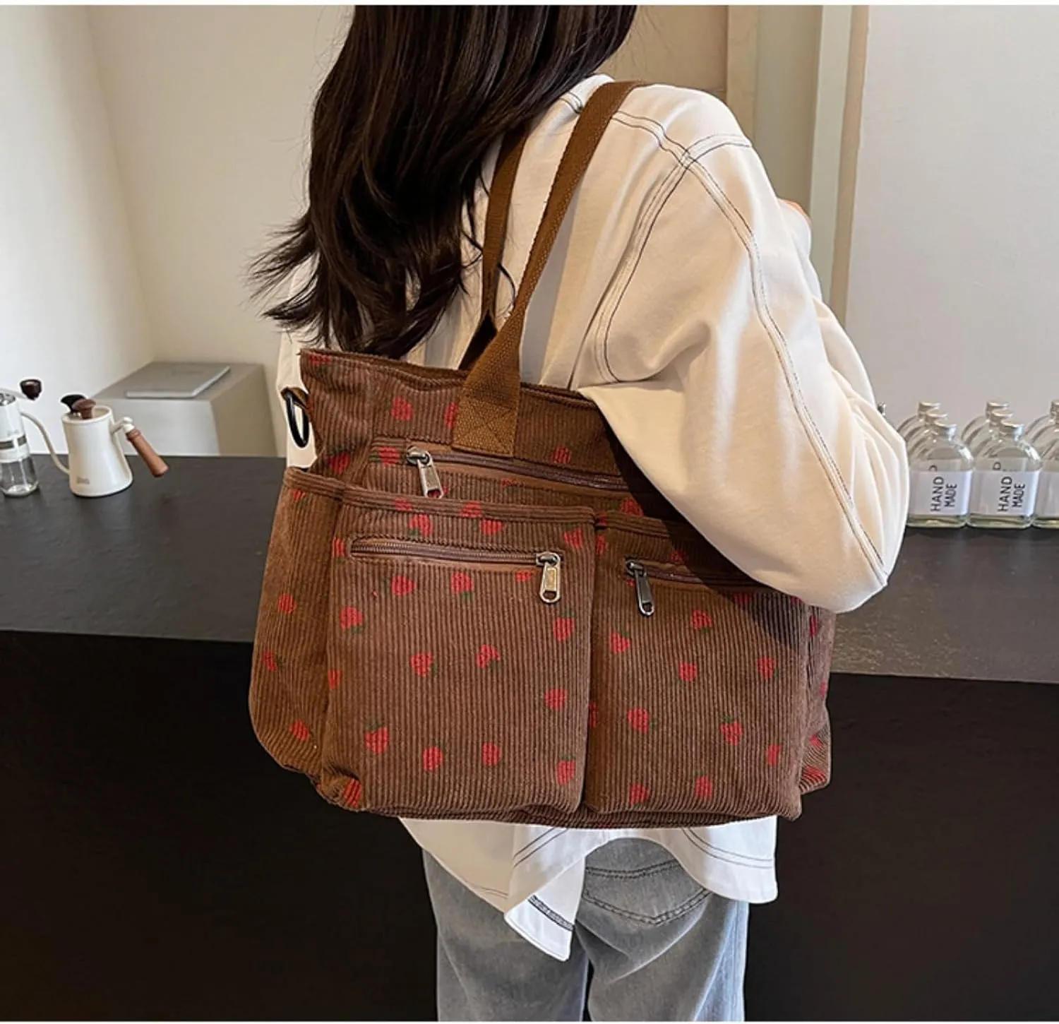Women Strawberry Bags, Corduroy Everyday Tote Bag Kawaii Shoulder Purse Handbag Crossbody Work Bag