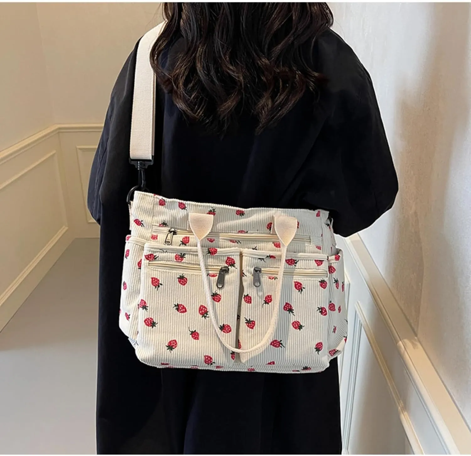 Women Strawberry Bags, Corduroy Everyday Tote Bag Kawaii Shoulder Purse Handbag Crossbody Work Bag