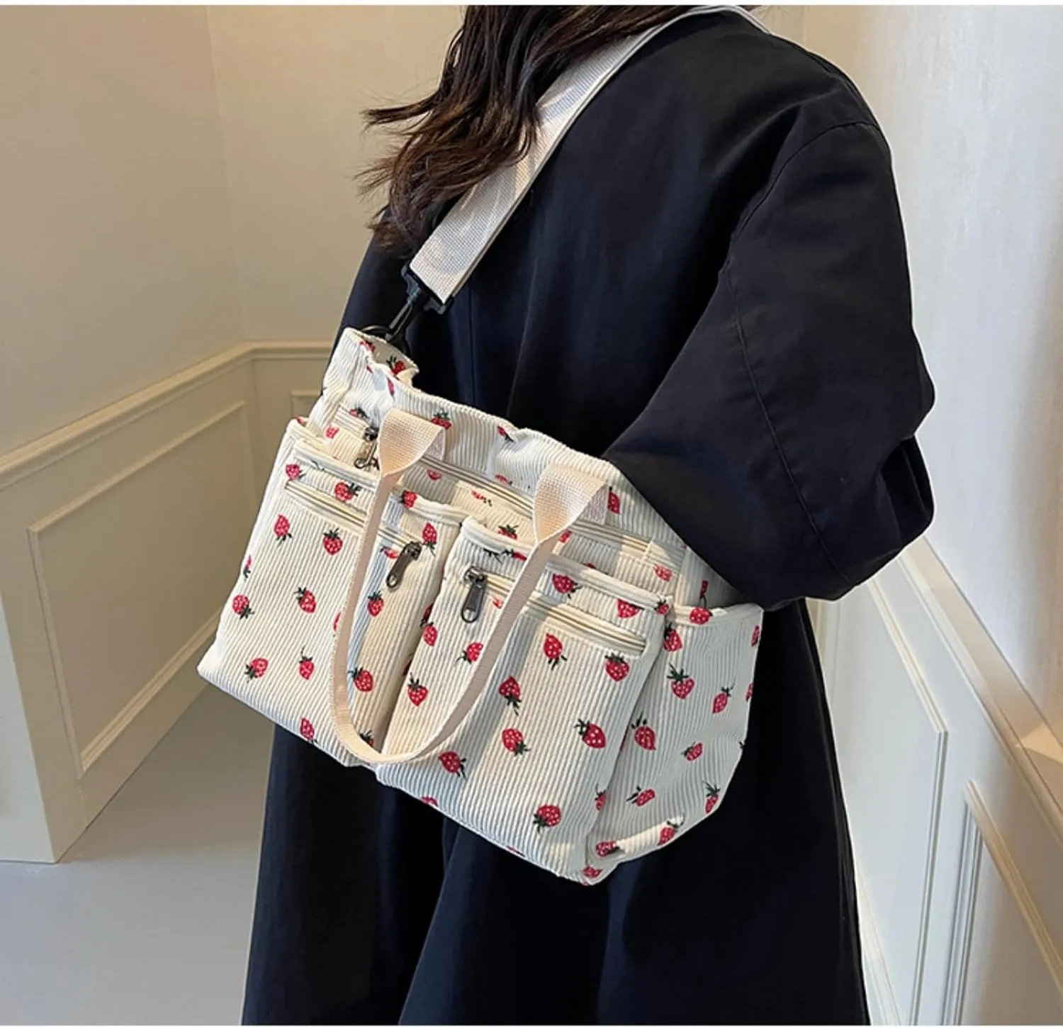 Women Strawberry Bags, Corduroy Everyday Tote Bag Kawaii Shoulder Purse Handbag Crossbody Work Bag