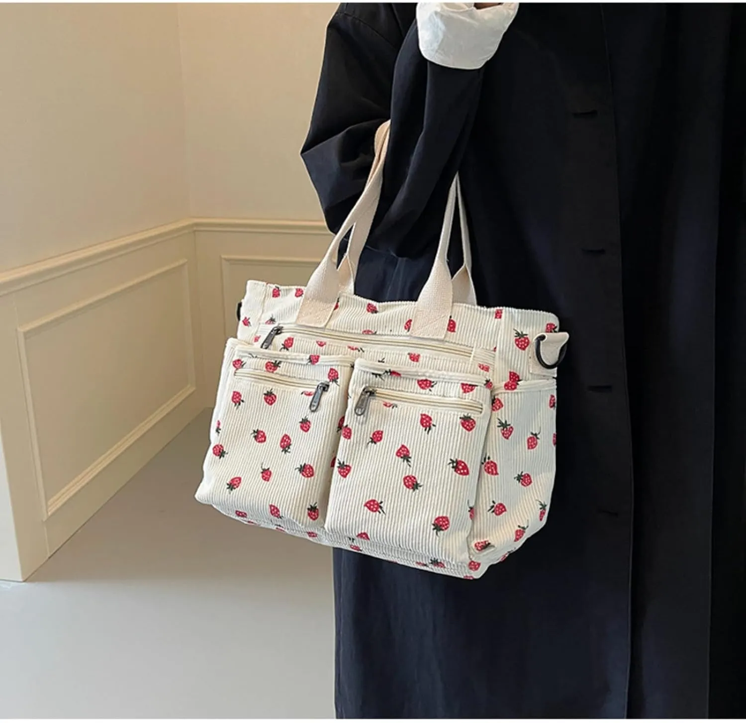 Women Strawberry Bags, Corduroy Everyday Tote Bag Kawaii Shoulder Purse Handbag Crossbody Work Bag
