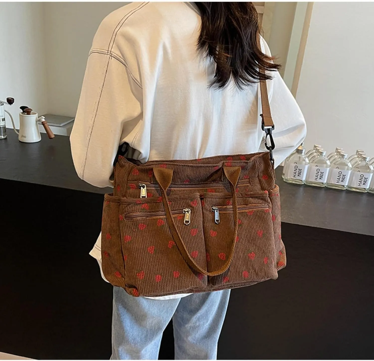 Women Strawberry Bags, Corduroy Everyday Tote Bag Kawaii Shoulder Purse Handbag Crossbody Work Bag