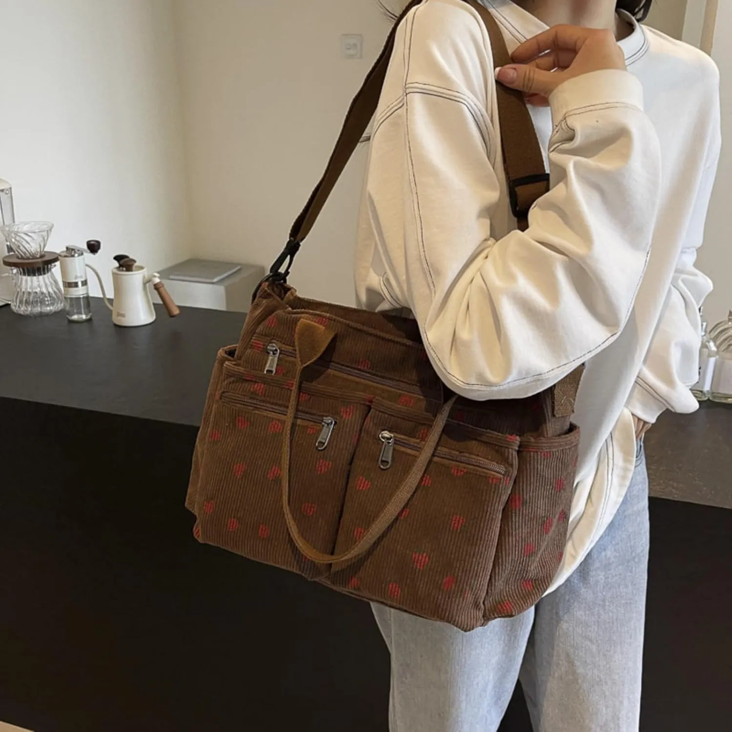 Women Strawberry Bags, Corduroy Everyday Tote Bag Kawaii Shoulder Purse Handbag Crossbody Work Bag