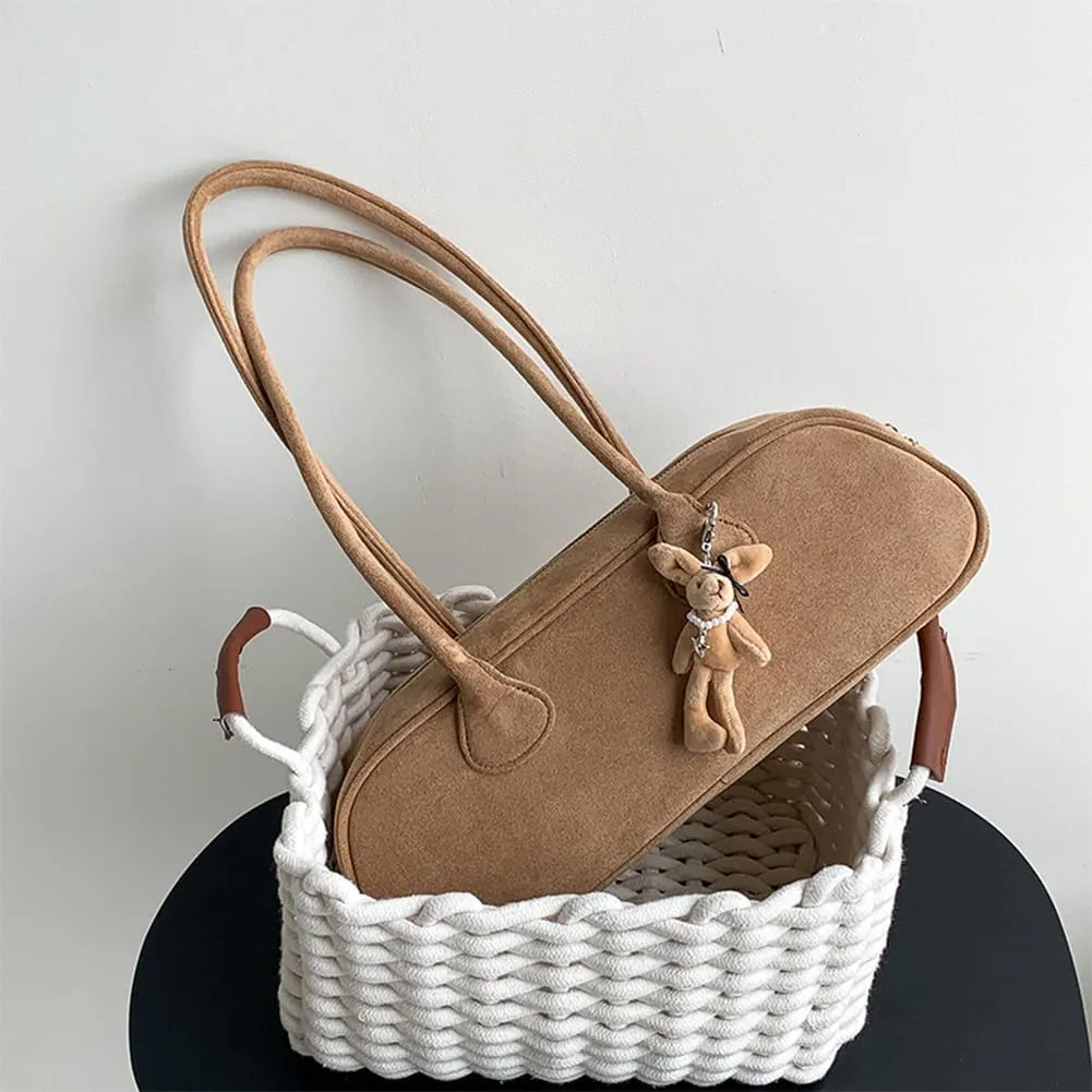 Women Suede Boston Tote Bag Zipper Shoulder Bag Multi-pocket Solid Color Clutch Purse for Shopping Travel