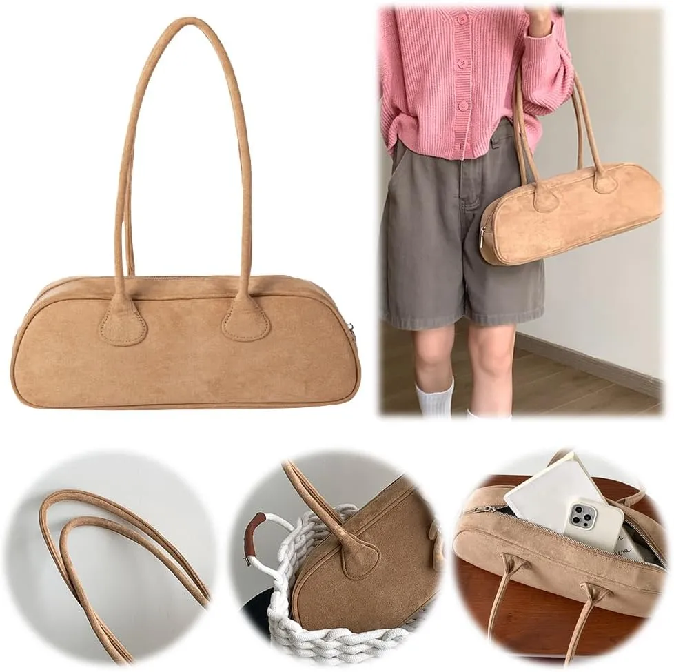 Women Suede Boston Tote Bag Zipper Shoulder Bag Multi-pocket Solid Color Clutch Purse for Shopping Travel