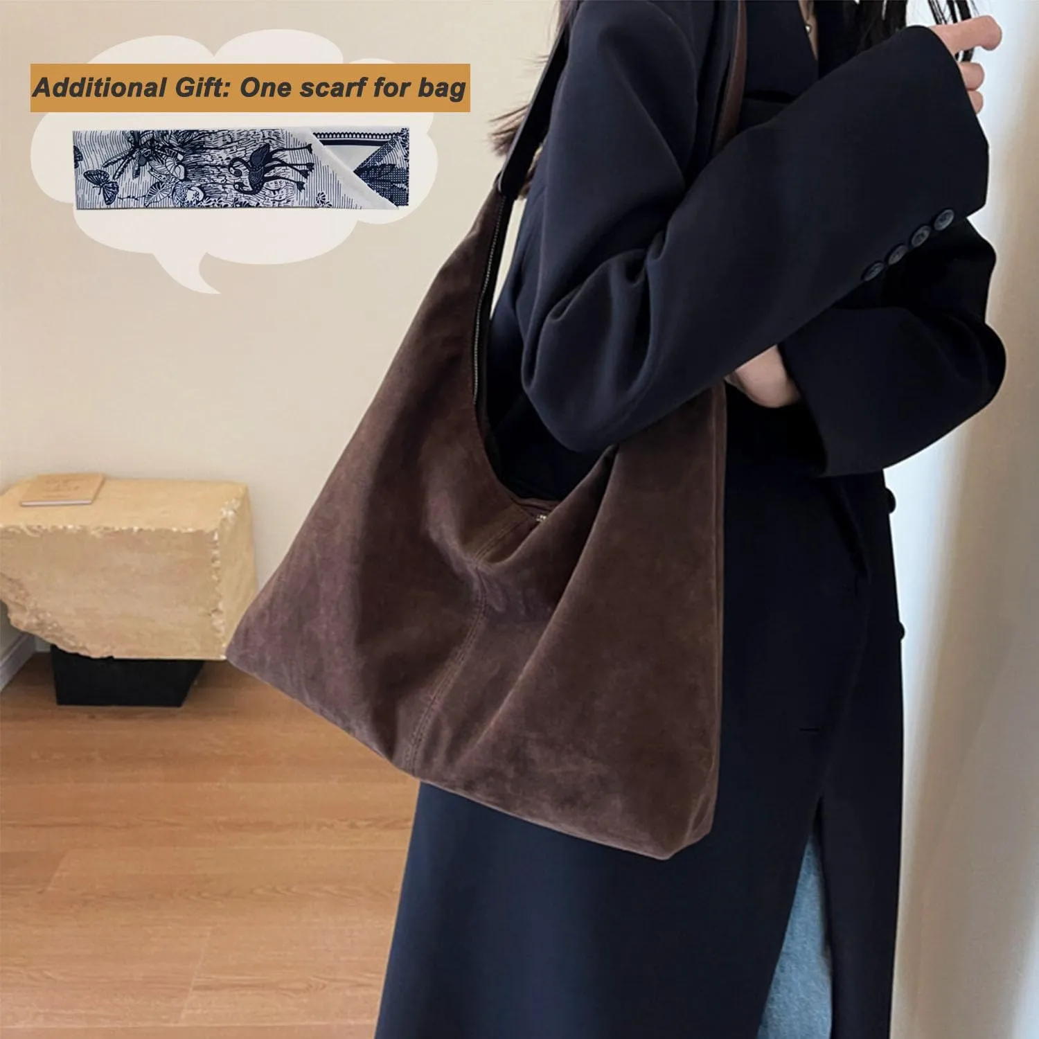 Women Suede Hobo Bags - Vintage Leather Slouchy Shoulder Tote Handbag